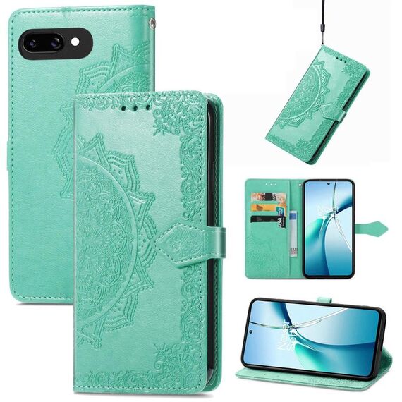 Custodia in pelle con stampa mandala floreale per Google Pixel 9a (verde)