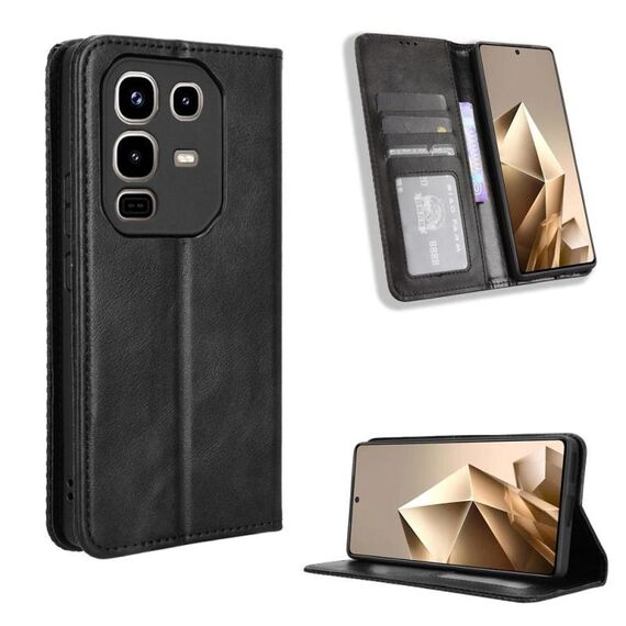 Custodia in pelle con texture retrò e fibbia magnetica per Infinix Note 50 4G / Note 50 Pro 4G (nera)