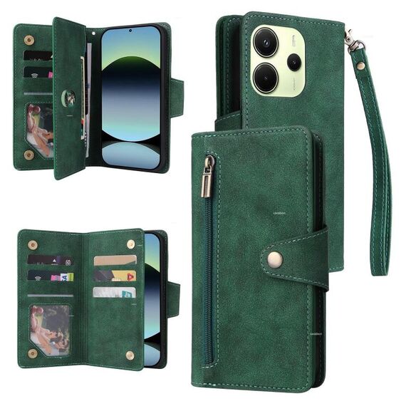 Custodia in pelle a tre pieghe con fibbia a rivetto per Redmi Note 14 4G da 164,84 mm e 9 carte (verde)