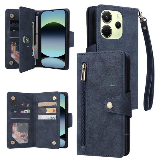 Custodia in pelle a tre pieghe con fibbia a rivetto per Redmi Note 14 4G da 164,84 mm e 9 carte (blu)