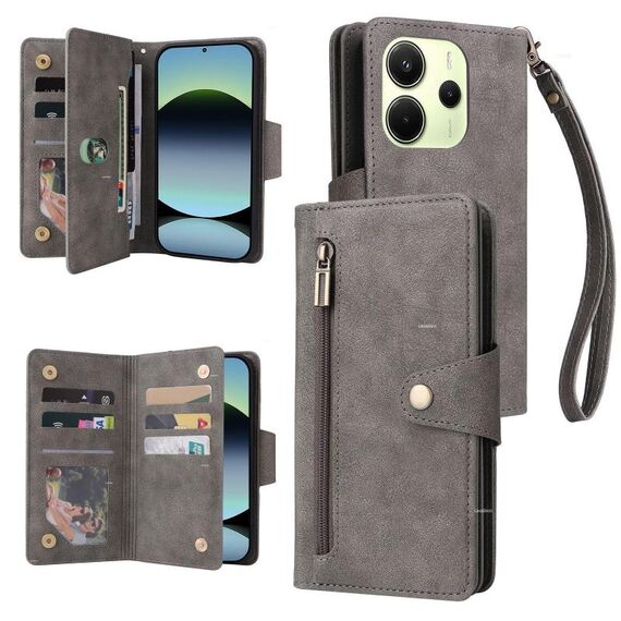 Custodia in pelle a tre pieghe con fibbia a rivetto per Redmi Note 14 4G da 164,84 mm e 9 carte (grigio)
