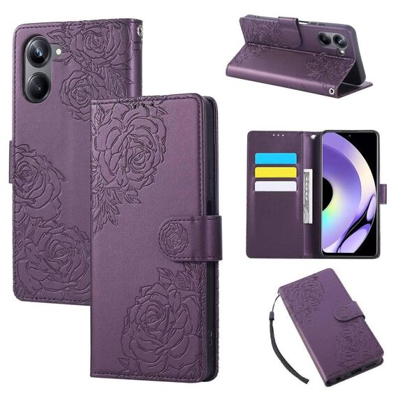 Custodia in pelle con 3 slot per carte e motivo a fiori di rosa per Realme 10 Pro 5G (viola scuro)