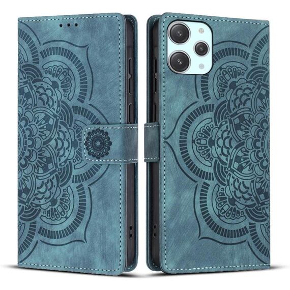 Custodia per telefono in pelle smerigliata retrò con motivo mandala in rilievo per Xiaomi Poco M6 Pro 5G / Redmi 12 (blu)