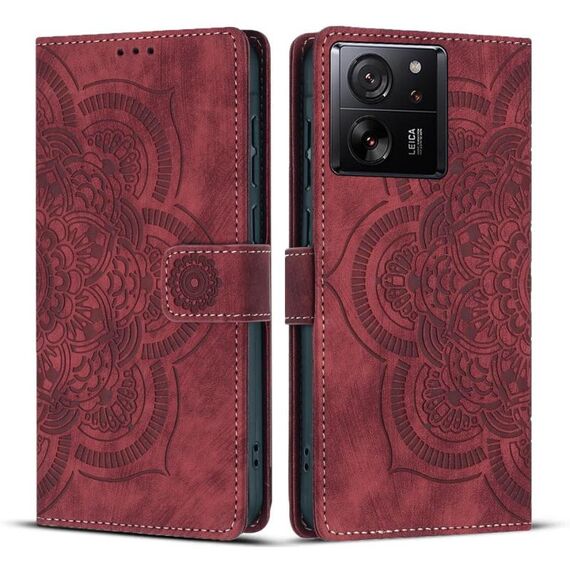 Custodia per telefono in pelle smerigliata retrò con motivo mandala in rilievo per Xiaomi 13T / 13T Pro (rossa)