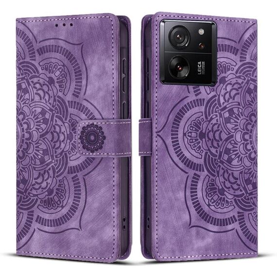 Custodia per telefono in pelle smerigliata retrò con motivo mandala in rilievo per Xiaomi 13T / 13T Pro (viola)