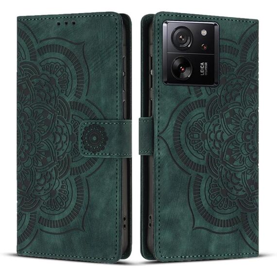 Custodia per telefono in pelle smerigliata retrò con motivo mandala in rilievo per Xiaomi 13T / 13T Pro (verde)