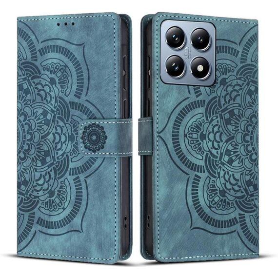 Custodia per telefono in pelle smerigliata retrò con motivo mandala in rilievo per Xiaomi 14T Pro (blu)