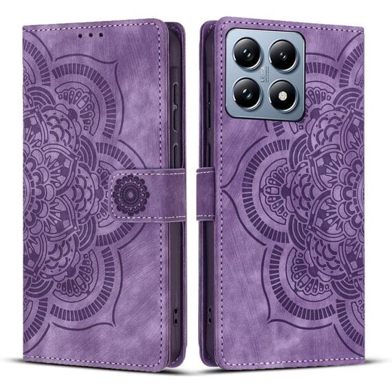 Custodia per telefono in pelle smerigliata retrò con motivo mandala in rilievo per Xiaomi 14T Pro (viola)