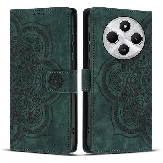 Custodia per telefono in pelle smerigliata retrò con motivo mandala in rilievo per Redmi 14C / A4 5G (verde)