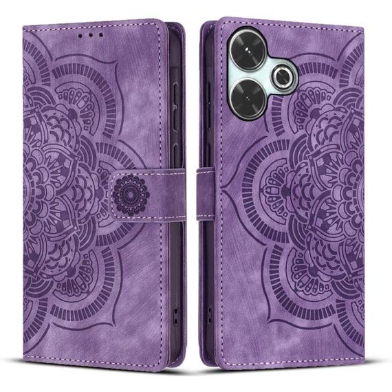 Custodia per telefono in pelle smerigliata retrò con motivo mandala in rilievo per Redmi 13 4G / 5G (viola)