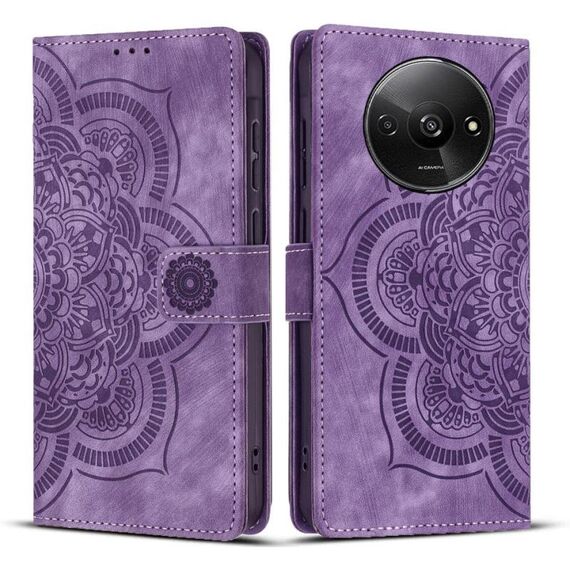 Custodia per telefono in pelle smerigliata retrò con motivo mandala in rilievo per Redmi A3 / Poco C61 4G (viola)