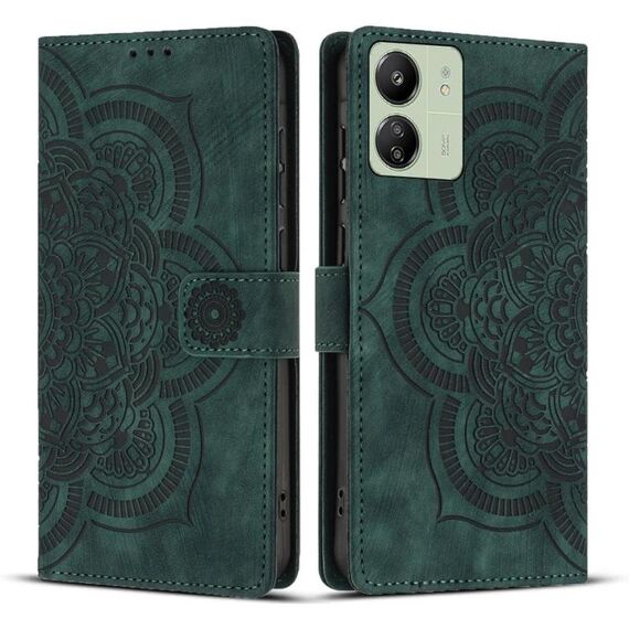 Custodia per telefono in pelle smerigliata retrò con motivo mandala in rilievo per Redmi 13C 4G / 5G (verde)