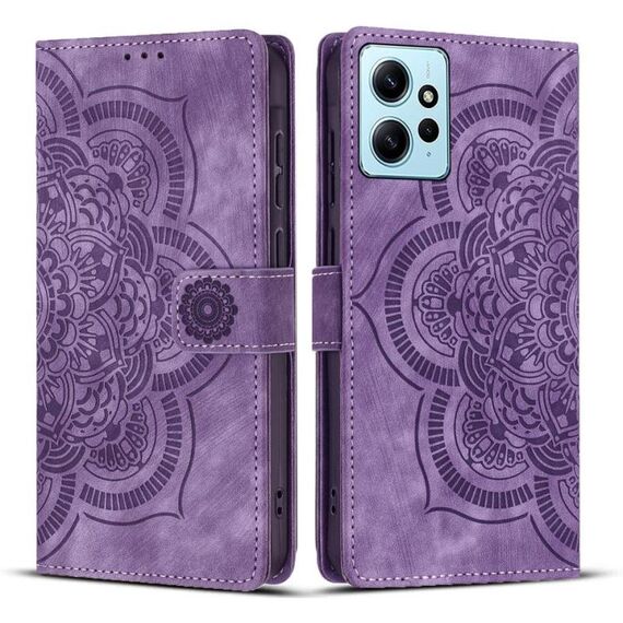 Custodia per telefono in pelle smerigliata retrò con motivo mandala in rilievo per Redmi Note 12 4G (viola)