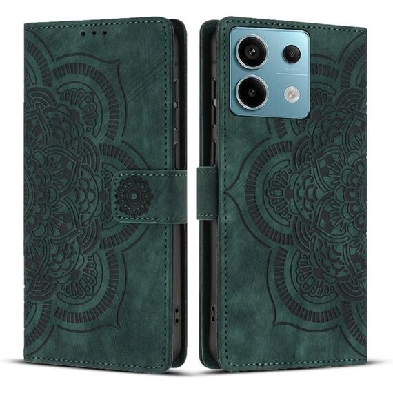 Custodia per telefono in pelle smerigliata retrò con motivo mandala in rilievo per Redmi Note 13 Pro 5G (verde)