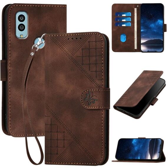 Custodia a libro in pelle con motivo a farfalla in rilievo per Kyocera Android One S10 / S9 con cordino (caffè)