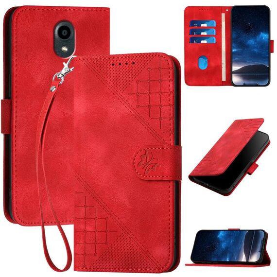 Custodia a libro in pelle con motivo a farfalla in rilievo per Kyocera DIGNO BX (rosso)