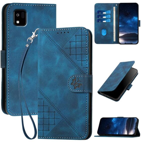 Custodia a libro in pelle con motivo a farfalla in rilievo per Kyocera Kantan Sumaho3 A205KC con cordino (blu scuro)