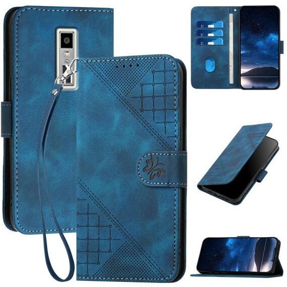 Custodia a libro in pelle con motivo a farfalla in rilievo per Kyocera Urbano V04 KYV45 con cordino (blu scuro)