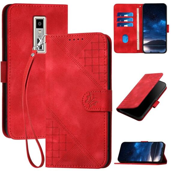 Custodia a libro in pelle con motivo a farfalla in rilievo per Kyocera Urbano V04 KYV45 con cordino (rosso)