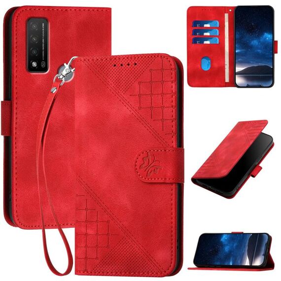 Custodia a libro in pelle con motivo a farfalla in rilievo per TCL 20 R 5G con cordino (rosso)