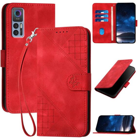 Custodia a libro in pelle con motivo a farfalla in rilievo per TCL 30 5G / 30+ con cordino (rosso)