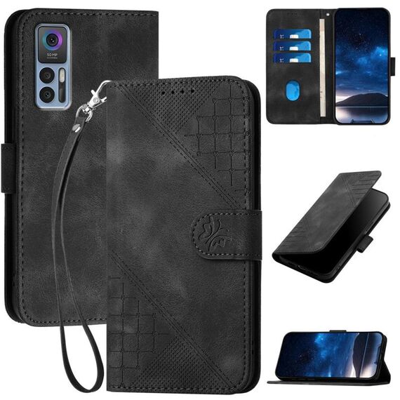 Custodia a libro in pelle con motivo a farfalla in rilievo per TCL 30 5G / 30+ con cordino (nero)
