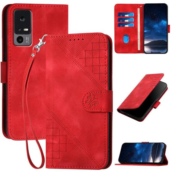 Custodia a libro in pelle con motivo a farfalla in rilievo per TCL 40 XE / 40 NxtPaper 5G con cordino (rosso)
