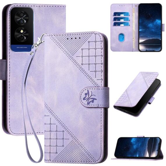 Custodia in pelle con motivo a farfalla in rilievo per TCL 50 5G / 50 XE / 50 XE NXTpaper Grid con cordino (viola chiaro)