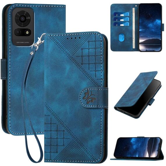 Custodia a libro in pelle con motivo a farfalla in rilievo per TCL 50 LE Grid con cordino (blu scuro)