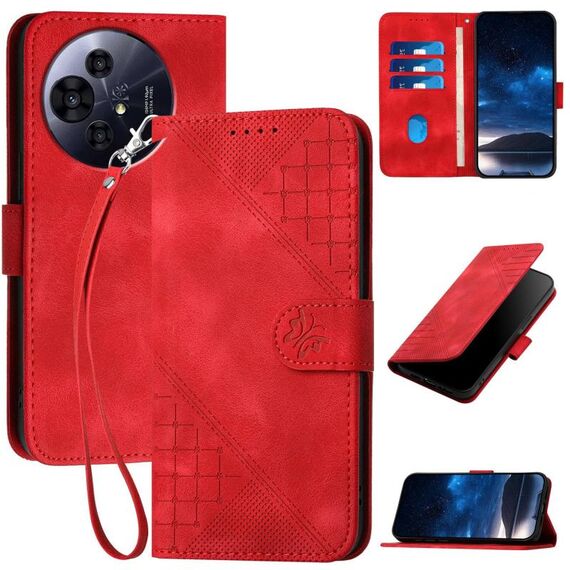 Custodia a libro in pelle con motivo a farfalla in rilievo per TCL 50 NxtPaper con cordino (rosso)