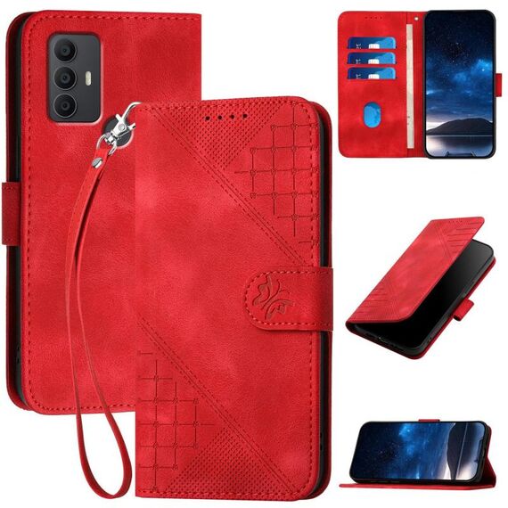 Custodia a libro in pelle con motivo a farfalla in rilievo per TCL 305/306/30E/30 SE con cordino (rosso)