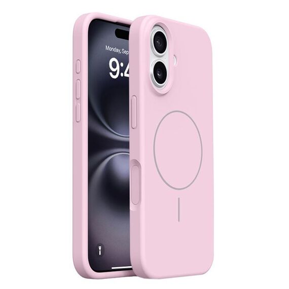 Custodia MagSafe in silicone liquido con pulsanti integrati per iPhone 16 (rosa ciliegia)