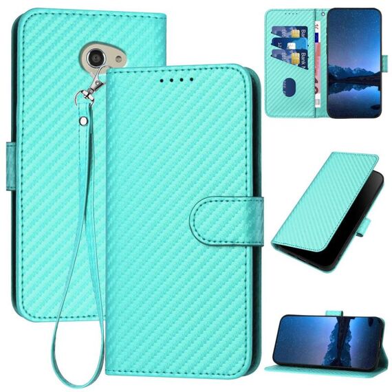 Custodia per telefono in pelle con fibbia in fibra di carbonio e cordino per Kyocera Basio 4 / Kantan Sumaho 2 A001KC YX0070 (blu chiaro)