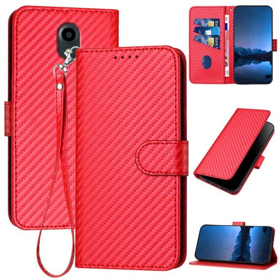Custodia per telefono in pelle con fibbia in fibra di carbonio per Kyocera DIGNO BX YX0070 con cordino (rosso)