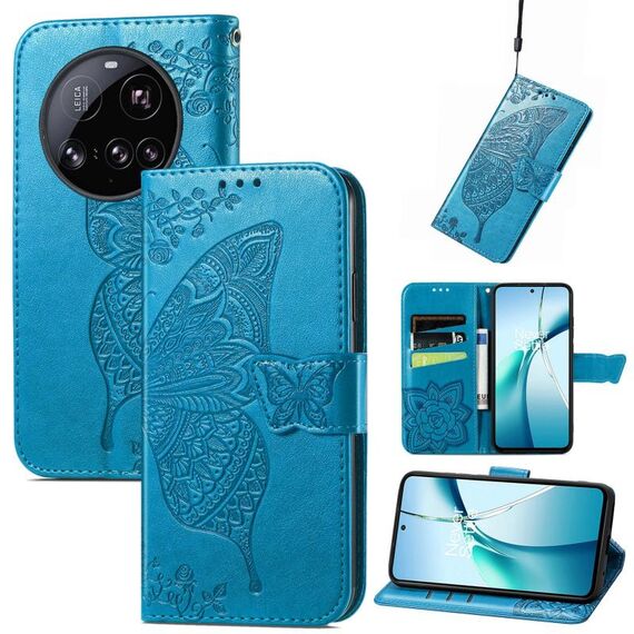 Custodia in pelle goffrata con motivo a farfalla e fiore per Xiaomi 15 Ultra (blu)