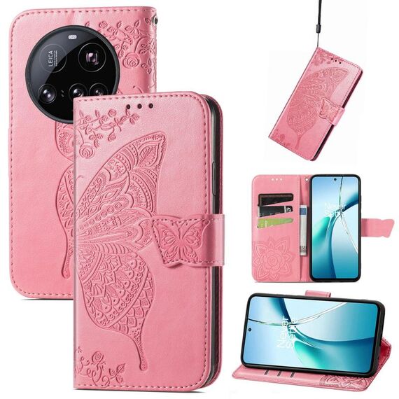 Custodia in pelle goffrata con motivo a farfalla e fiori per Xiaomi 15 Ultra (rosa)