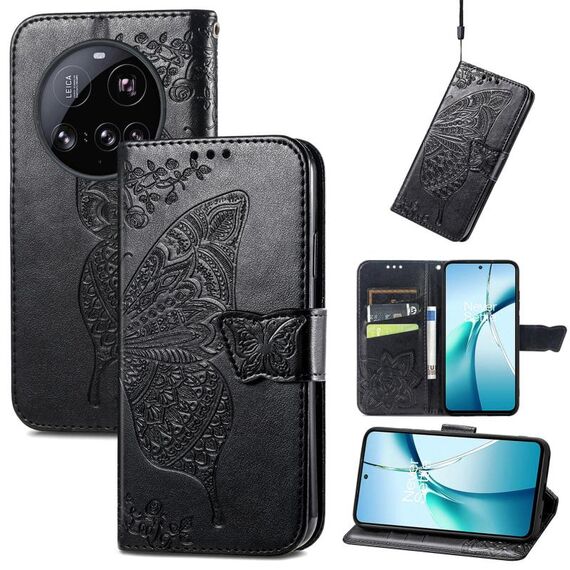 Custodia in pelle goffrata con motivo a farfalla e fiori per Xiaomi 15 Ultra (nera)