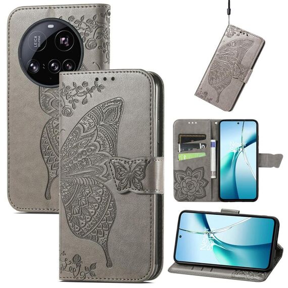 Custodia in pelle goffrata con motivo a farfalla e fiore per Xiaomi 15 Ultra (grigio)