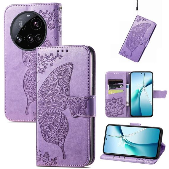 Custodia in pelle goffrata con motivo a farfalla e fiori per Xiaomi 15 Ultra (lavanda)