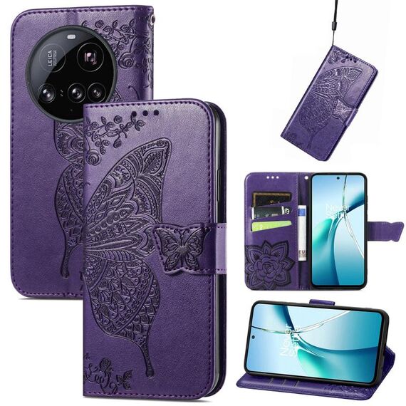 Custodia in pelle goffrata con motivo a farfalla e fiori per Xiaomi 15 Ultra (viola)