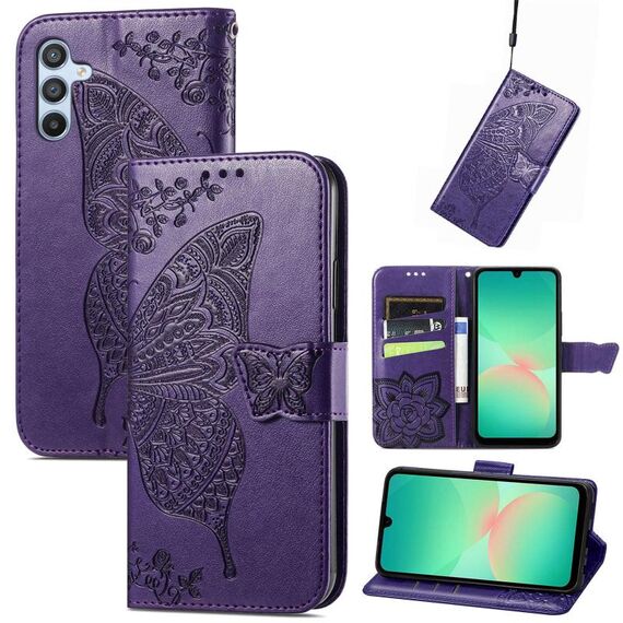 Custodia in pelle goffrata con motivo a farfalla e fiori per Samsung Galaxy A26 (viola)
