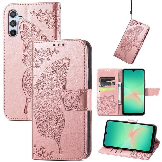Custodia in pelle goffrata con motivo a farfalla e fiori per Samsung Galaxy A26 (oro rosa)