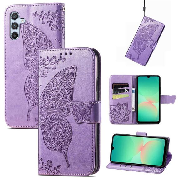 Custodia in pelle goffrata con motivo a farfalla e fiori per Samsung Galaxy A26 (lavanda)