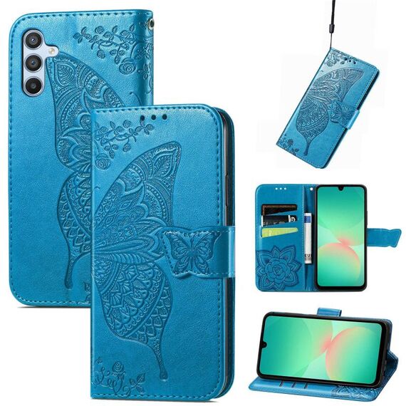Custodia in pelle goffrata con motivo a farfalla e fiori per Samsung Galaxy A26 (blu)