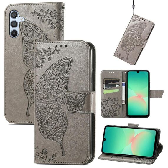 Custodia in pelle con stampa a farfalla e fiore per Samsung Galaxy A26 (grigio)