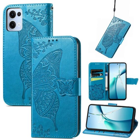 Custodia in pelle goffrata con motivo a farfalla e fiori per OPPO Reno13 (blu)
