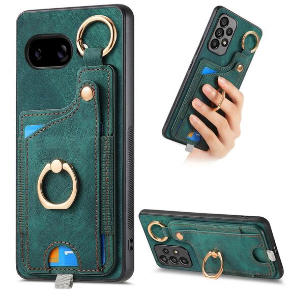 Custodia per telefono con anello e passante per Google Pixel 9a, effetto pelle retrò (verde)