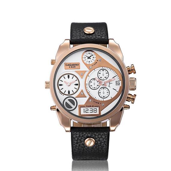 CAGARNY 6822 Orologio da uomo con calendario giornaliero, cinturino doppio fuso orario, quadrante grande, al quarzo (quadrante bianco, cinturino in pelle nera)