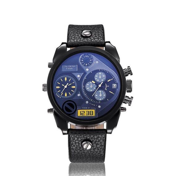 CAGARNY 6822 Orologio da uomo con calendario giornaliero, cinturino doppio fuso orario, quadrante grande, al quarzo (quadrante colorato, cinturino in pelle nera)