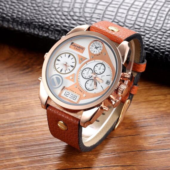 CAGARNY 6822 Orologio da uomo con calendario giornaliero, cinturino doppio fuso orario, quadrante grande, al quarzo (quadrante bianco, cinturino in pelle marrone chiaro)